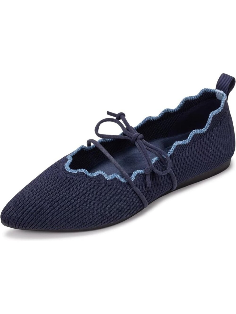 Women's Navy Rubber Knitted Slip On Pointed Toe with Ruffled Vamp Elastic Flats - Picture 6 of 7